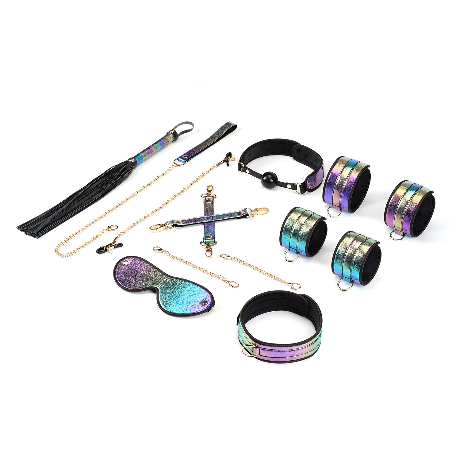 Conjunto de 8 piezas de arcoíris vívido: juego de bondage suave y brillante morado